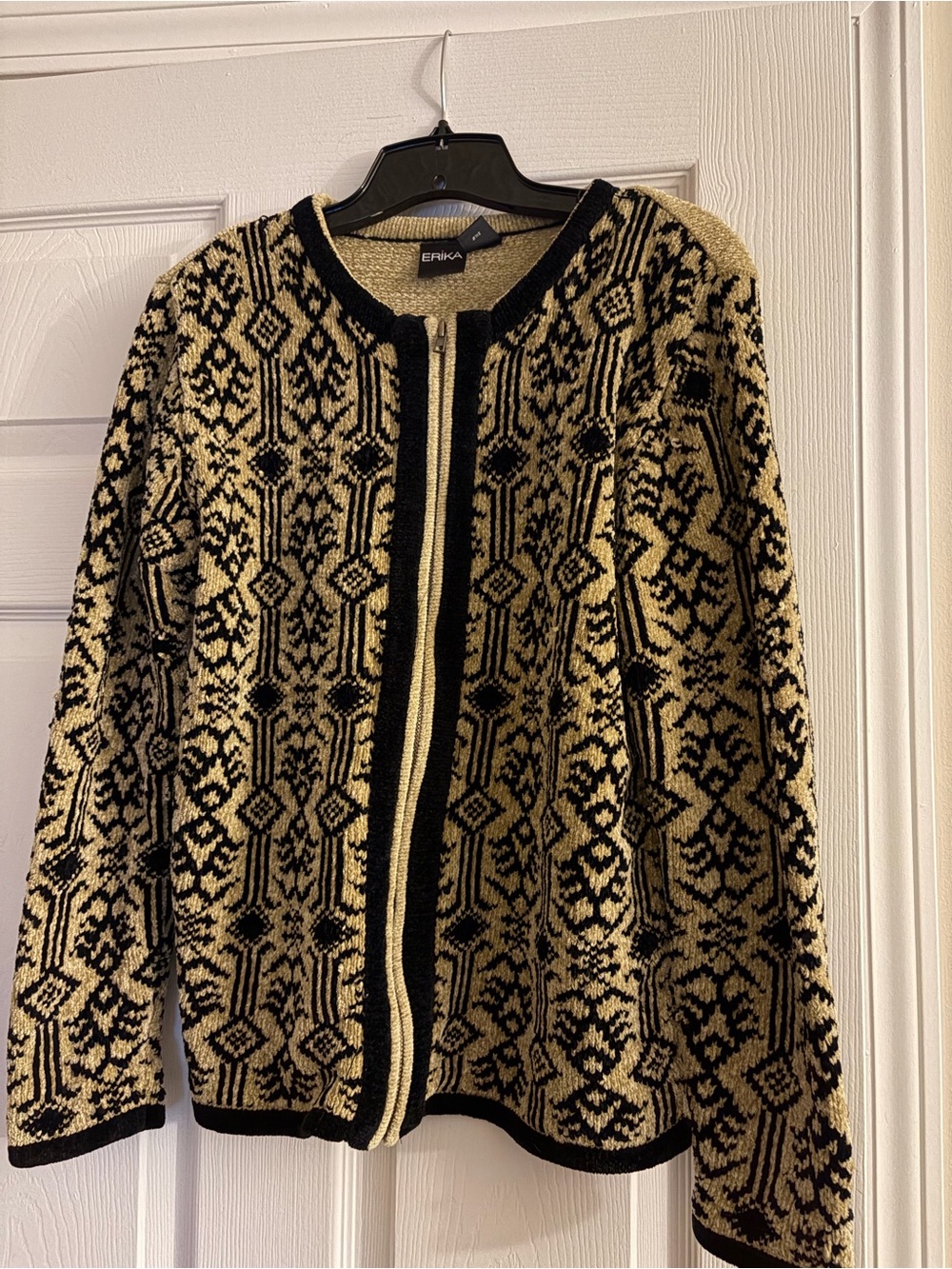 Erika Black and Cream Geometric Zip-Up Sweater